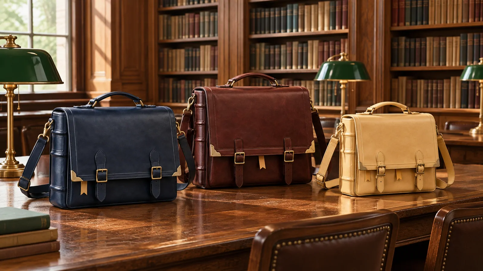 Three satchels resting on a long reading-room table