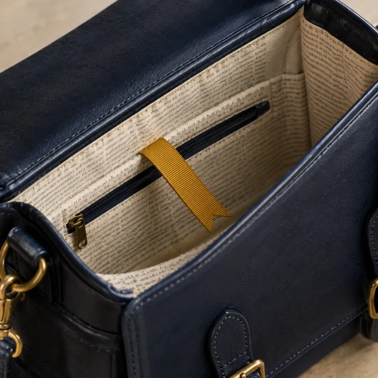 Det tryckta fodret inuti en öppen satchel