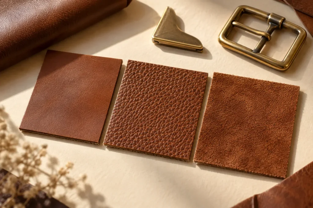 Swatches of smooth cowhide, pebble-grain cowhide and cowhide suede in chestnut