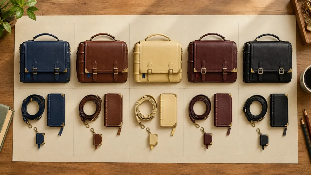 A satchel, a strap, a pencil case and a charm laid out in columns on a desk
