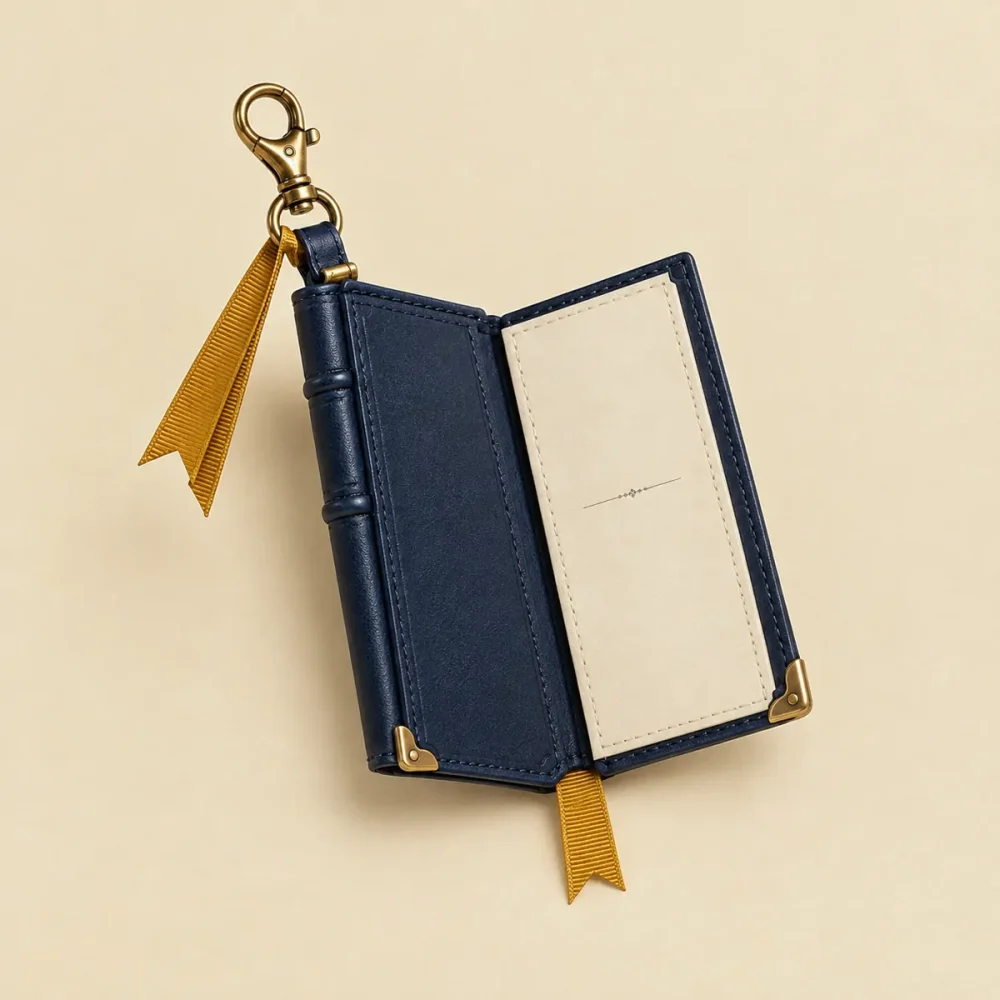 The Bookmark Charm, opened like a book to show the printed lining