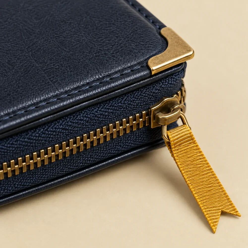 The Hardback Pencil Case, close-up of the spine bands and book corner