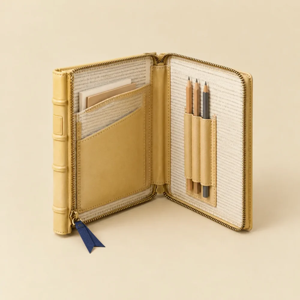 The Loose Leaf, opened like a book to show the printed lining