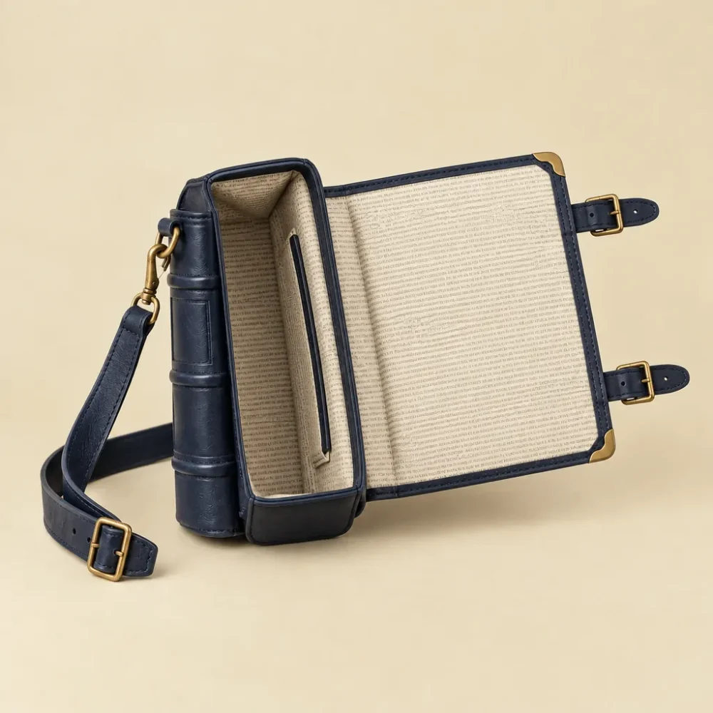 The Novella, opened like a book to show the printed lining