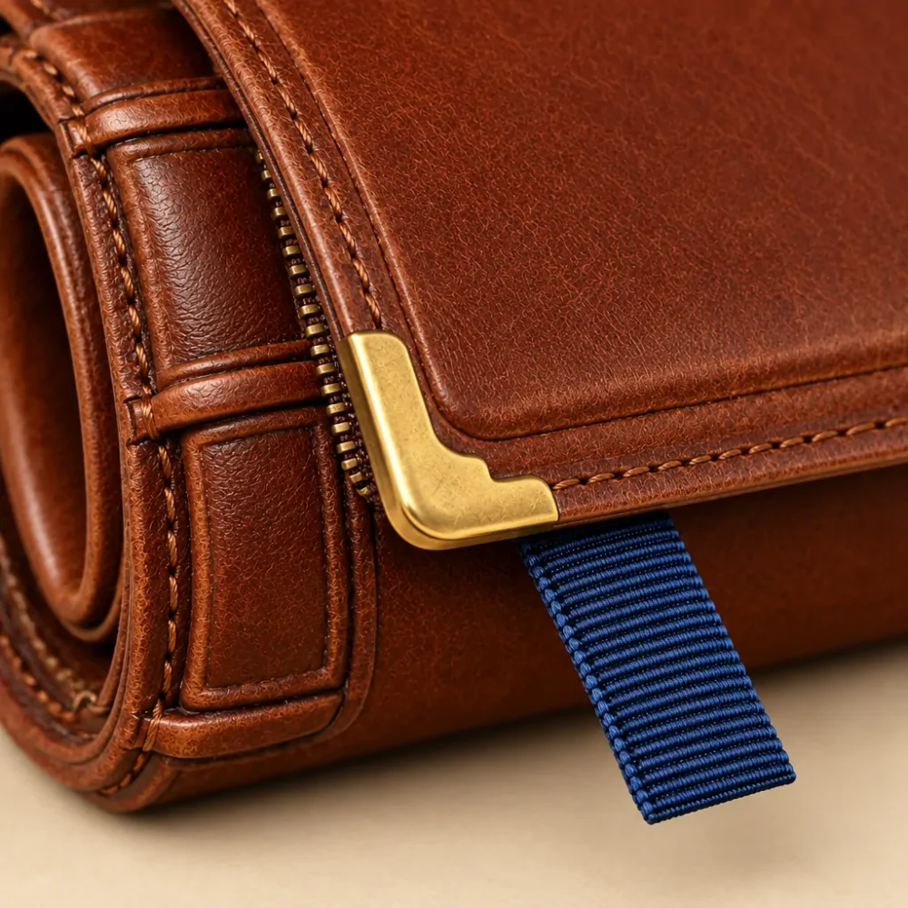 The Pen Roll, close-up of the spine bands and book corner