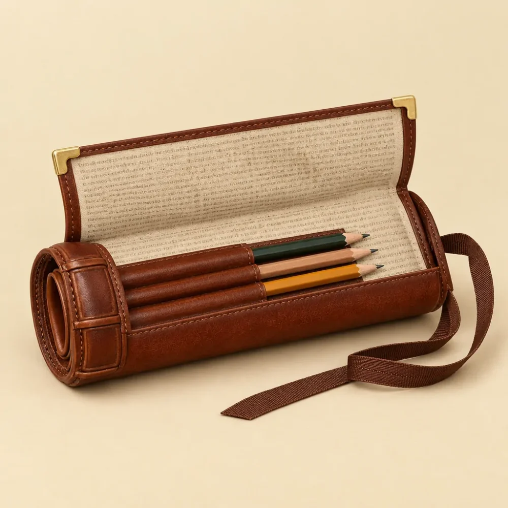 The Pen Roll, opened like a book to show the printed lining